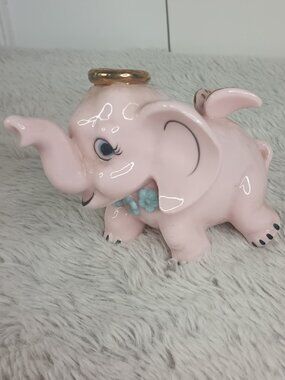 Vintage Pink Ceramic Angel Elephant w/ Halo & Wings Kelvin Exclusives Japan